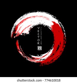 White and red ink round stroke on black background. Japanese style. Vector illustration of grunge circle stains