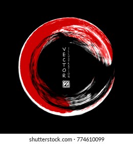 White and red ink round stroke on black background. Japanese style. Vector illustration of grunge circle stains