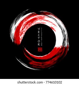 White and red ink round stroke on black background. Japanese style. Vector illustration of grunge circle stains