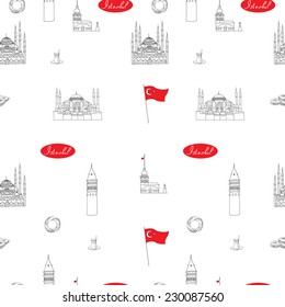 White and red Istanbul tourist vector seamless pattern. istanbul landmarks.