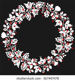 White and red laurel wreath vector frame on black background