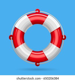 White and red Life Buoy with rope vector illustration on a blue background. Support or help icon
