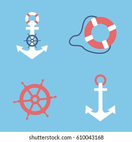 a white & red Life Buoy or saver illustration & clean simple nautical rudder ship helm wheel & anchor vector icon isolated light blue flat design style background. modern simple cool Marine Equipment 