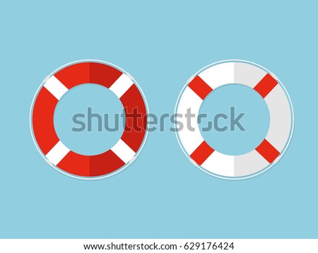 White and Red Lifesaving float or Lifebuoy on Blue Sky Background.