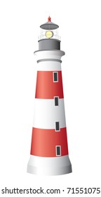 A white and red lighthouse isolated on a white background. Editable vector illustration.