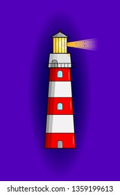 White and red lighthouse on the violet background with gradient. Flat shadows on building. EPS10 vector illustration