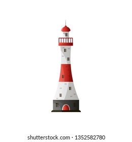 White red lighthouse with shadow and peak on roof in flat design