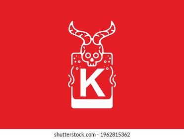 White red line art illustration of skull with K initial letter in the middle design
