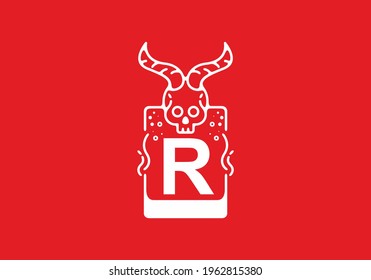 White red line art illustration of skull with R initial letter in the middle design