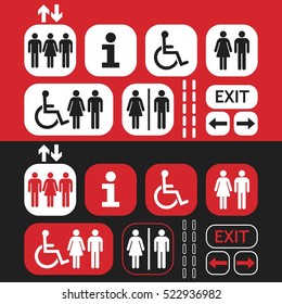 White and red line and silhouette Man and Woman public access icons set on red and black background