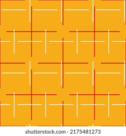 White and red lines, segments intersect on an orange background. Abstract geometric seamless pattern. Bright vector illustration