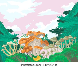 White and red mushrooms, mycelium in the forest, we can and Christmas trees grow. Harvesting in summer and autumn. Vector concept flat illustration in cartoon style