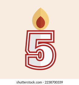 White and red number five vector party candle illustration with fire.