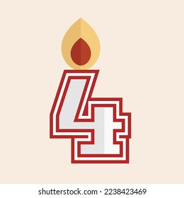Ilustración de velas de partido vectorial blanco y rojo número cuatro con fuego.