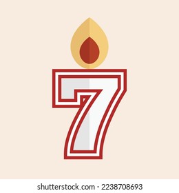 White and red number seven vector party candle illustration with fire.