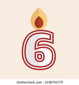 White and red number six vector party candle illustration with fire.