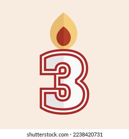 White and red number three vector party candle illustration with fire.