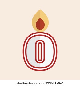 White and red number zero vector party candle illustration with fire.
