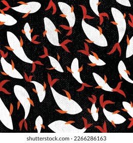 Siluetas de peces grungulados de color blanco, rojo y naranja, patrón de fondo vectorial decorativo aislado en papel pintado cuadrado negro para telón de fondo de medios sociales, post en el sitio web, pañuelo y textil.