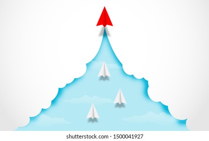 White and red paper airplanes  leader flying together on blue sky and cloud background. Creative concept idea of  business success and leadership in paper craft art style design .Vector illustration
