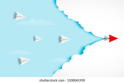 White and red paper airplanes  leader flying together on blue sky and cloud background. Creative concept idea of  business success and leadership in paper craft art style design .Vector illustration
