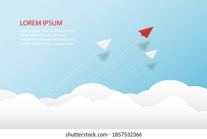 White and red paper airplanes  leader flying together on blue sky and cloud background. Creative concept idea of  business success and leadership in paper craft art style design .Vector illustration
