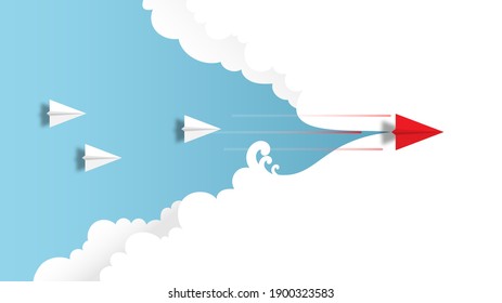 Líder de aviones de papel blanco y rojo volando juntos en cielo azul sobre fondo de nube. Concepto creativo idea de éxito empresarial y liderazgo en el diseño de estilo de arte artesanal de papel .Ilustración vectorial
