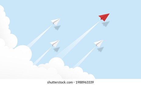 Líder de aviones de papel blanco y rojo volando juntos en un cielo azul con fondo de nube. Concepto creativo idea de éxito empresarial y liderazgo en el diseño de estilo de arte artesanal de papel .Ilustración vectorial
