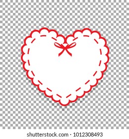 White and red paper cut label in shape of heart, sticker or emblem with red lace, bow and space for text. Heart seal stamp for design, scrapbooking isolated on transparent background. Vector template.