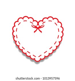 White and red paper cut lacy girly heart sticker with ribbon and copy space. Heart stamp for baby, valentines or love wedding scrapbooking design isolated on white. Vector illustration, clip art.