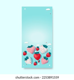 White And Red Paper Cut Strawberries And Clouds On Turquoise Background And Copy Space.