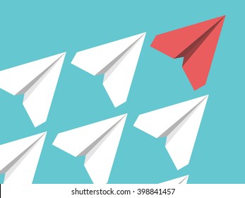 White and red paper planes flying in turquoise blue sky. Leadership, success, teamwork, management, boss, motivation and business concept. EPS 8 vector illustration, no transparency