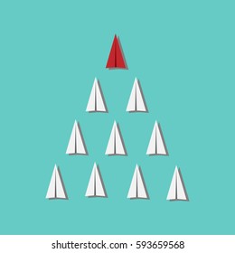 White and red paper planes flying in  blue sky. Leadership, success, teamwork, management, boss, motivation and business concept.
