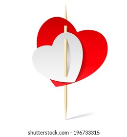 White and red papers hearts on toothpicks. Illustration on white background