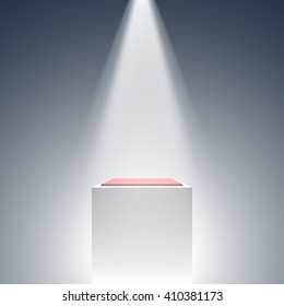 White and red pedestal. Cube. Stand. Tribune. Spotlight. Vector illustration.