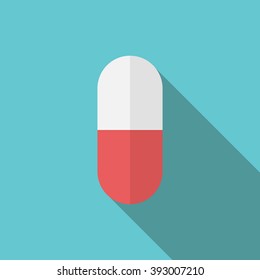 White and red pill on turquoise blue background with long shadow. Flat style. Medicine, drugs, healthcare, pharmacy, addiction concept. EPS 8 vector illustration, no transparency