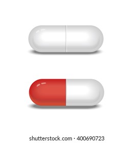 White and red pills or capsules. Vector illustration