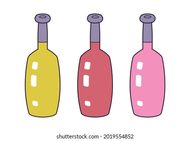 White, red and pink rose wine bottles isolated cartoon vector icons set.