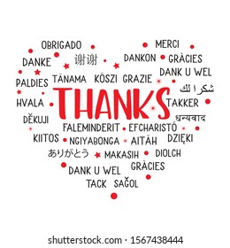 White and red postcard thank you - holiday illustration for multilingual for christmas or thanksgiving day