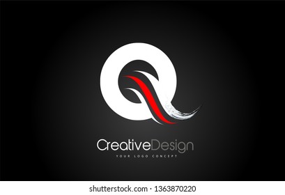 White and Red Q Letter Design Brush Paint Stroke. Letter Logo on Black Background