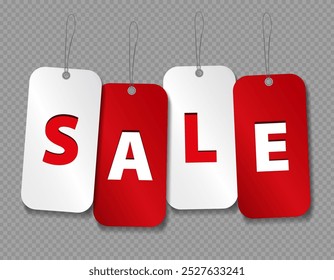 White and red realistic hanging price tags with text - SALE on transparent background. Discount paper labels with a string for Black Friday or another shopping event. Special offer ads, promotions.