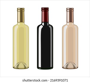 White, red and rose wine bottles, flat style vector illustration isolated on white background