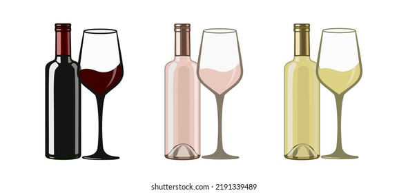 White, red and rose wine bottles and glasses, flat style vector illustration isolated on white background