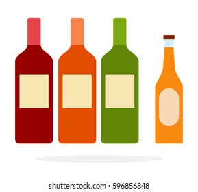 White, red, rose wine in bottles and apple cider vector flat material design isolated on white
