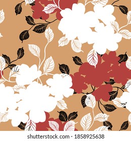 white and red seamless floral vector flowers bunches pattern on mustered background