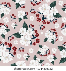 White and red seamless flowers pattern. Delicate petals and vibrant blossoms create an artistic and vintage botanical illustration. Perfect for wallpaper, fabric, wrapping paper and more.