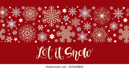 Borde de copos de nieve blancos y rojos sin costura, que nieve. Diseño navideño para tarjeta de felicitación. Ilustración vectorial, alegre navidad encabezado o banner de copo de nieve, decoración de fondo de pantalla 