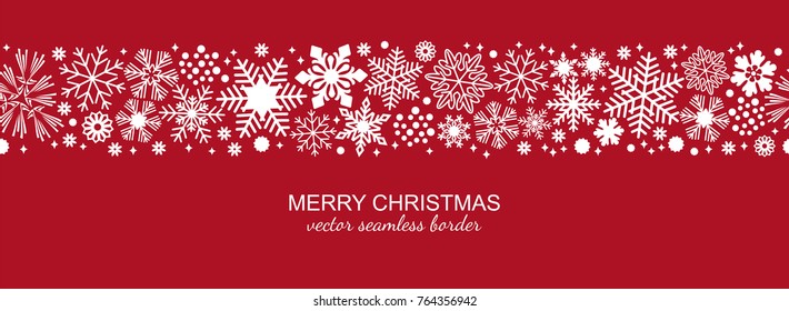 White and red seamless snowflake border, Christmas design for greeting card. Vector illustration, merry xmas snow flake header or banner, wallpaper or backdrop decor