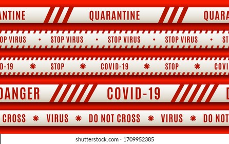 Nahtlose Warnbänder in weißem Rot: Stopvirus, Coronavirus, Quarantäne, Gefahr, Covid-19, nicht Kreuzung Band. Satz nahtloser Aufmerksamkeitslinien. Vektorillustration