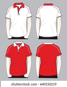 White And Red Short Sleeve Polo Shirt With Shoulder Trim Design On Gray Background.Front And Back View, Vector File